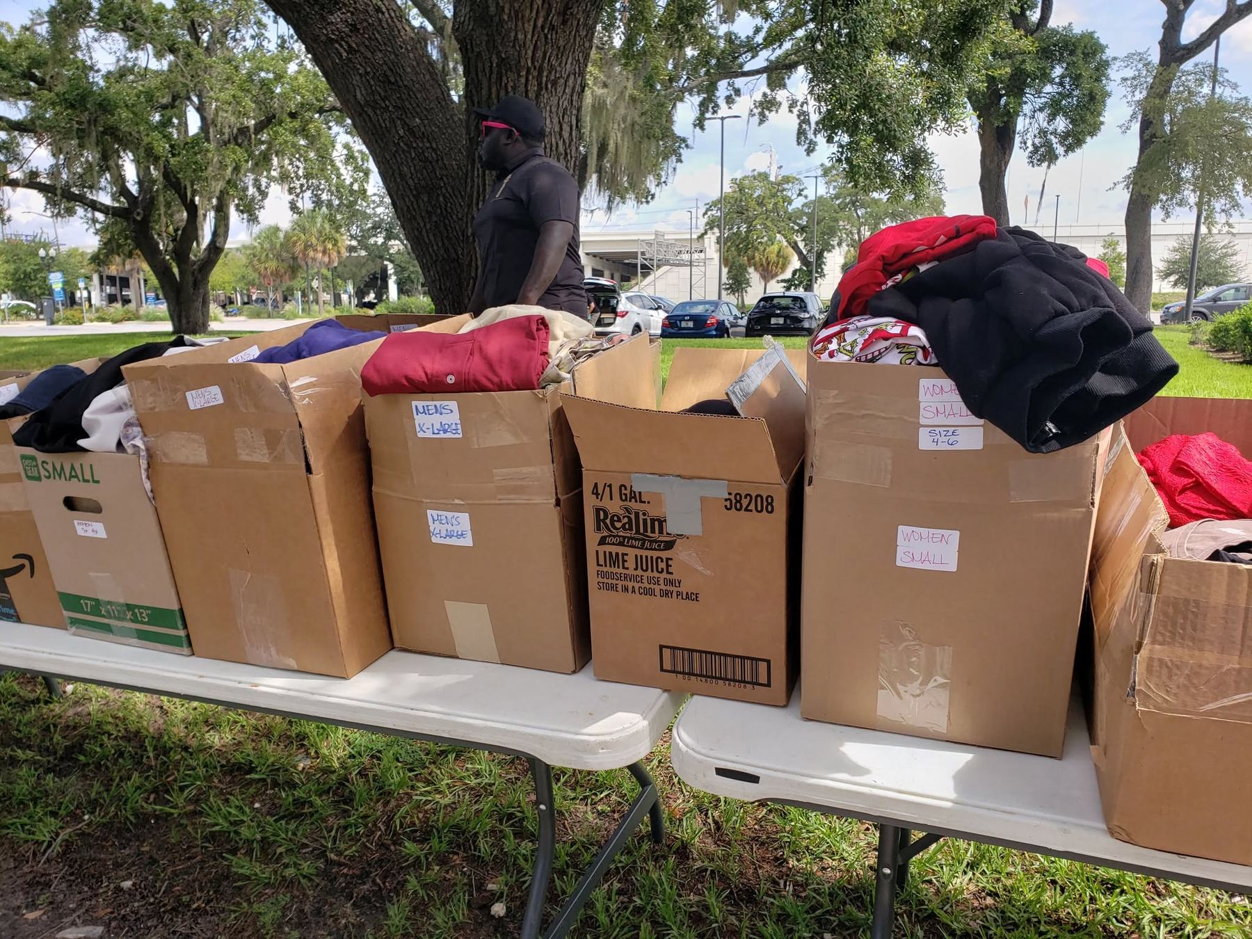 Clothing boxes arranged on outreach tables