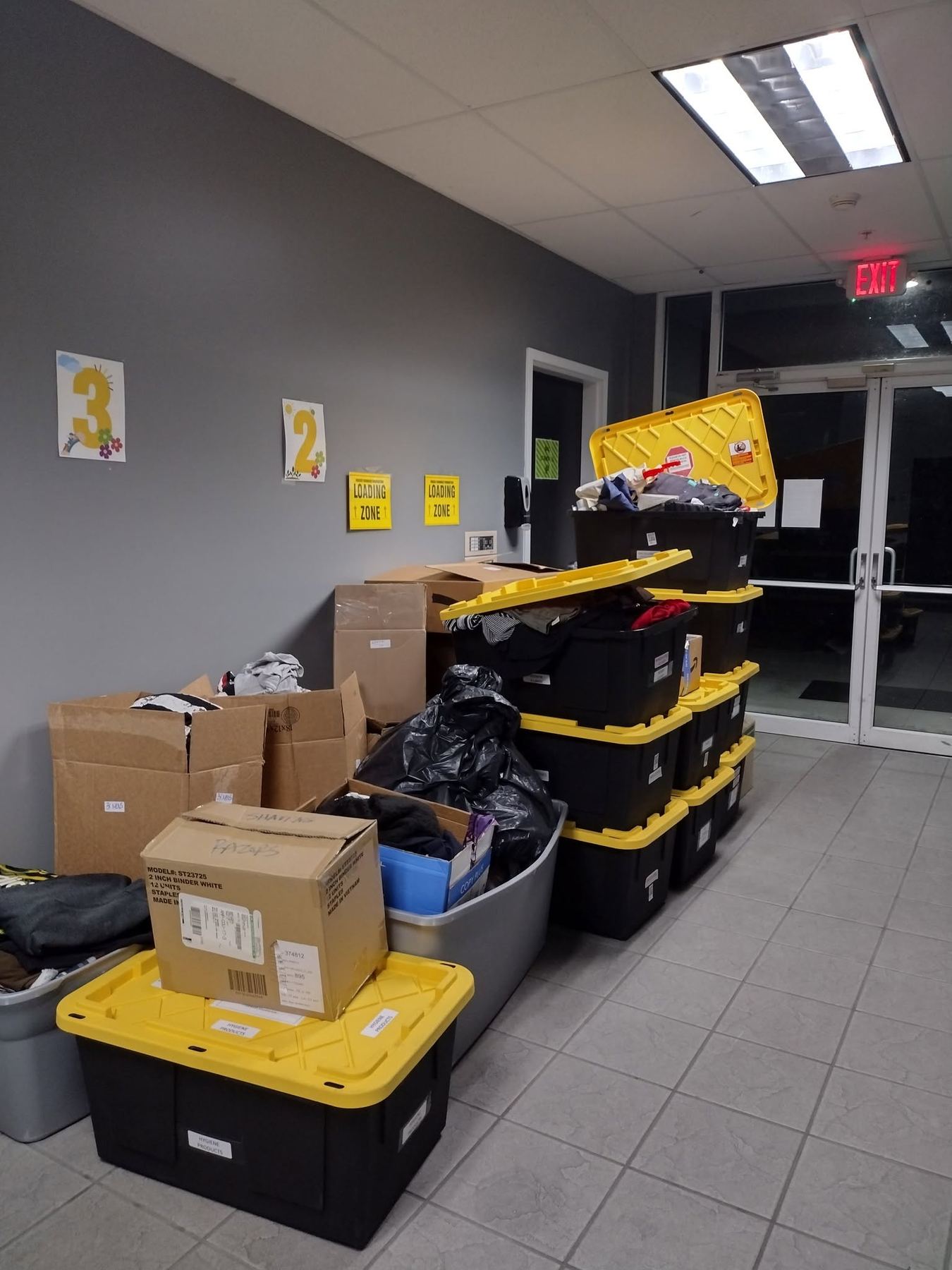 Clothing donations stored and organized for outreach