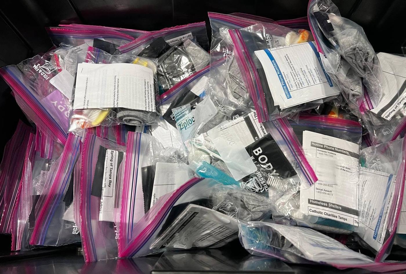 Assembled hygiene kits in bags