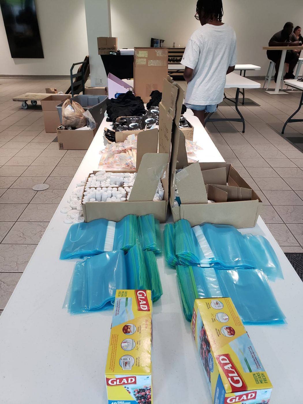 Hygiene supplies laid out for packing