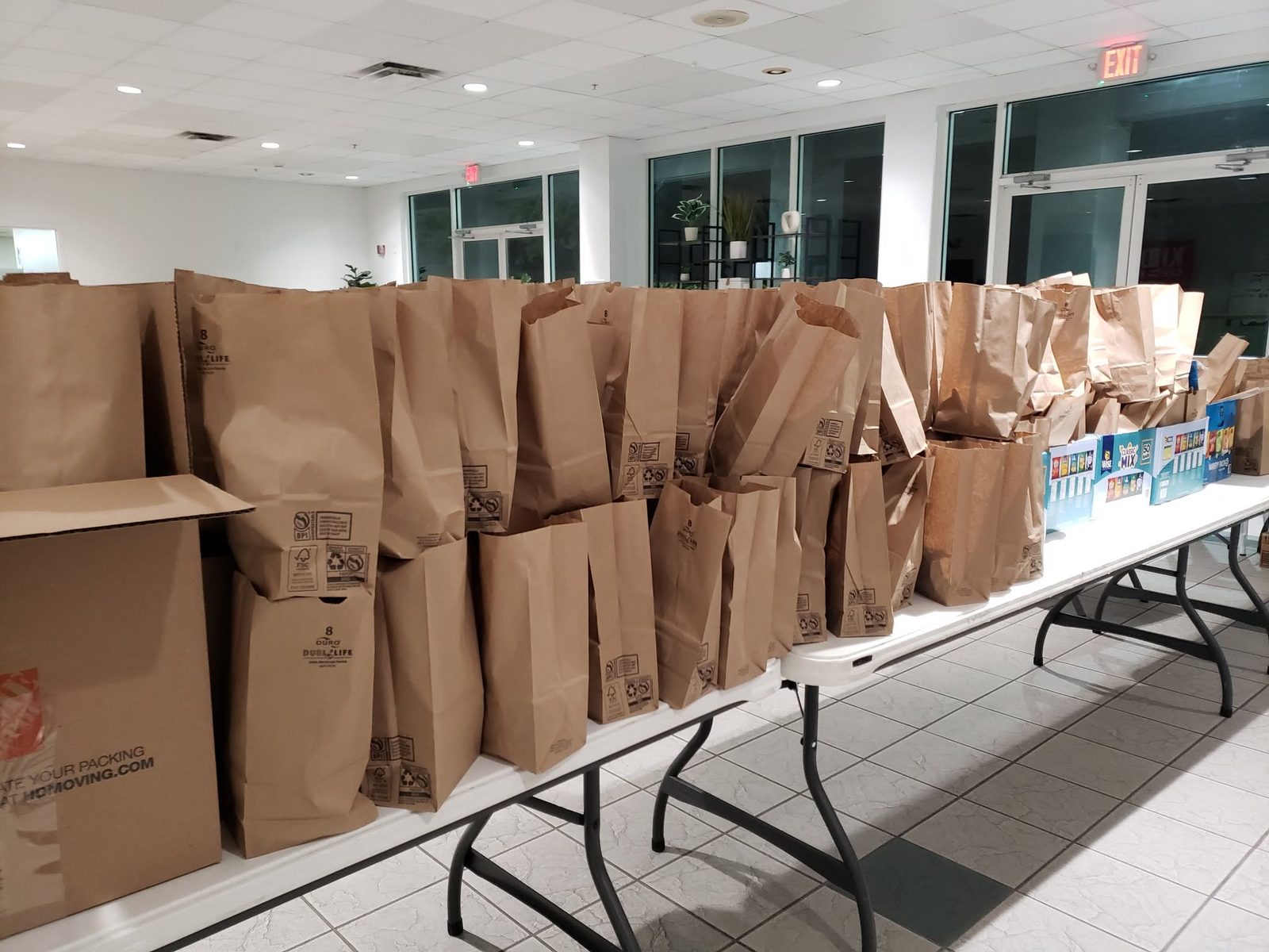 Outreach bags lined up for community distribution